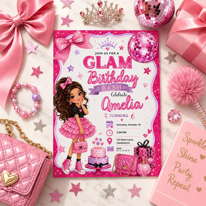 Editable Fashion Doll Birthday Invitation Canva Template, Pink Girls Cute Modern Fun DIY Chic Kids Party Invite, Printable Digital Download.
