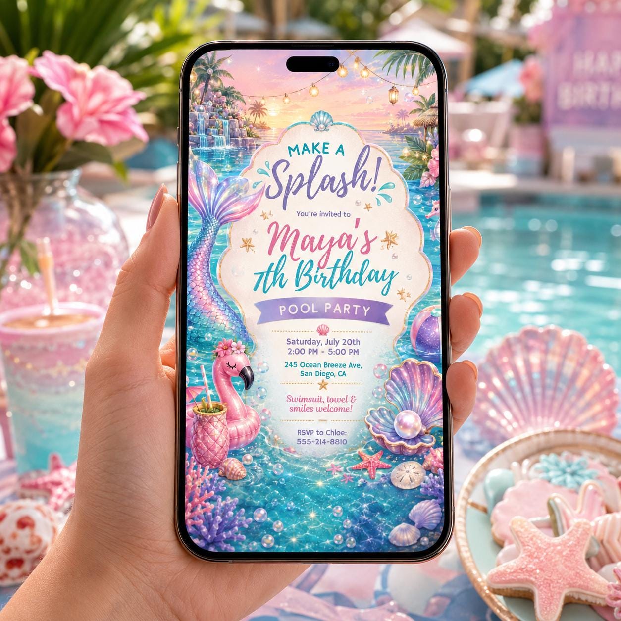 Editable Mermaid Birthday Invitation Canva Template, Pink Purple Gold Girls Cute Fun DIY Chic Kids Party Invite, Printable Digital Download.