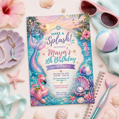 Editable Mermaid Birthday Invitation Canva Template, Pink Purple Gold Girls Cute Fun DIY Chic Kids Party Invite, Printable Digital Download.