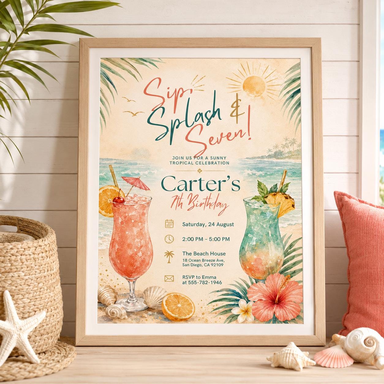 Editable Tropical Birthday Invitation Canva Template, Girls Adult Summer Cute Modern Fun DIY Sweet Party Invite, Printable Digital Download.
