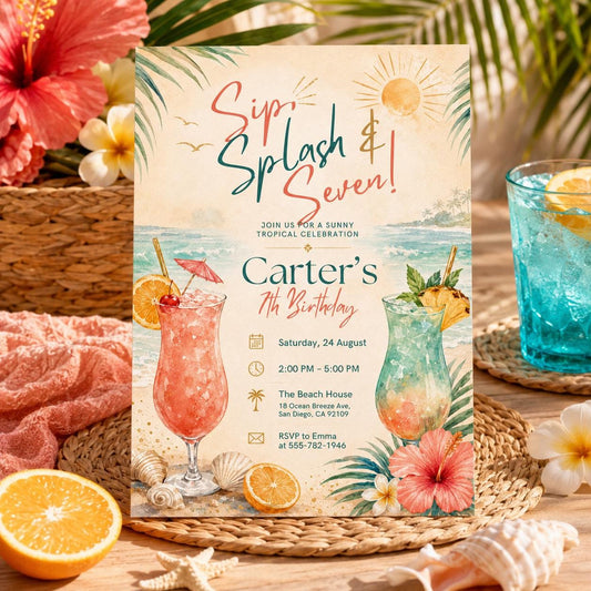 Editable Tropical Birthday Invitation Canva Template, Girls Adult Summer Cute Modern Fun DIY Sweet Party Invite, Printable Digital Download.