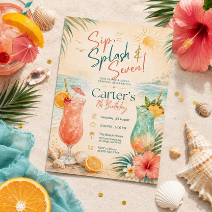 Editable Tropical Birthday Invitation Canva Template, Girls Adult Summer Cute Modern Fun DIY Sweet Party Invite, Printable Digital Download.