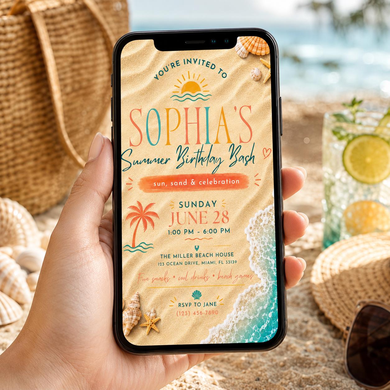 Editable Coastal Birthday Invitation Canva Template, Blue Girls Teens Beach Cute Fun DIY Chic Kids Party Invite, Printable Digital Download.