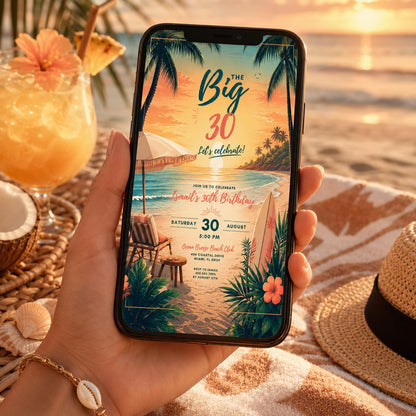 Editable Coastal Birthday Invitation Canva Template, Blue Girls Teens Beach Cute Fun DIY Chic Kids Party Invite, Printable Digital Download.