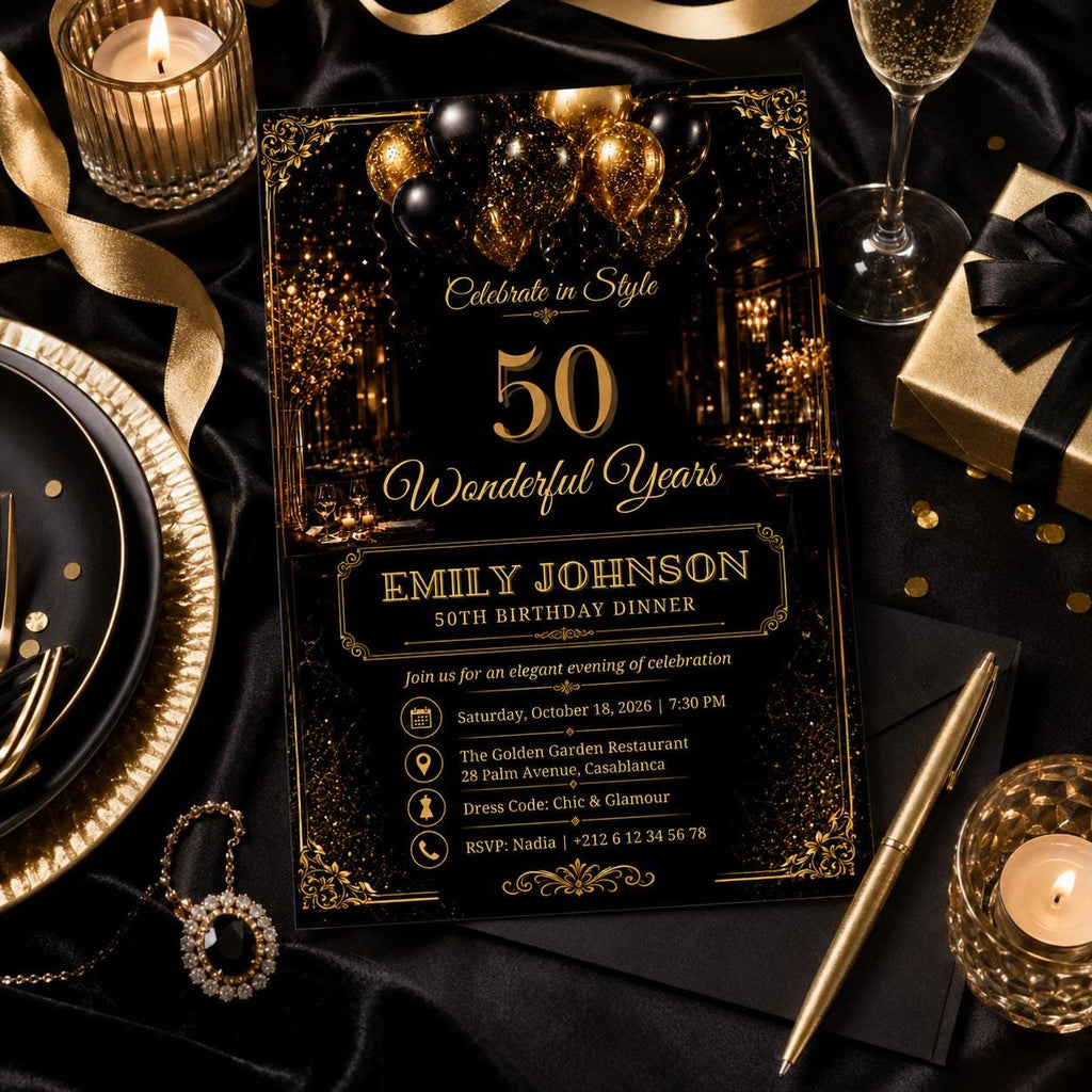 Editable Elegant Birthday Invitation Canva Template, Gold Black Boys Adult Cute Fun DIY Sweet Chic Party Invite, Printable Digital Download.