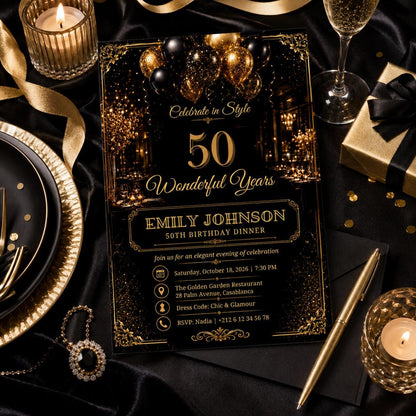 Editable Elegant Birthday Invitation Canva Template, Gold Black Boys Adult Cute Fun DIY Sweet Chic Party Invite, Printable Digital Download.