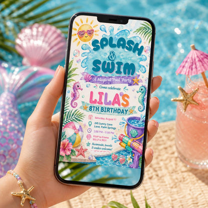Editable Pool Birthday Invitation Canva Template, Boys Teens Pool Cute Modern Fun Themed DIY Sweet Party Invite, Printable Digital Download.
