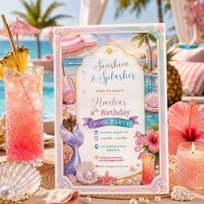 Editable Mermaid Birthday Invitation Canva Template, Girls Kids Pool Cute Modern Fun DIY Chic Teen Party Invite, Printable Digital Download.