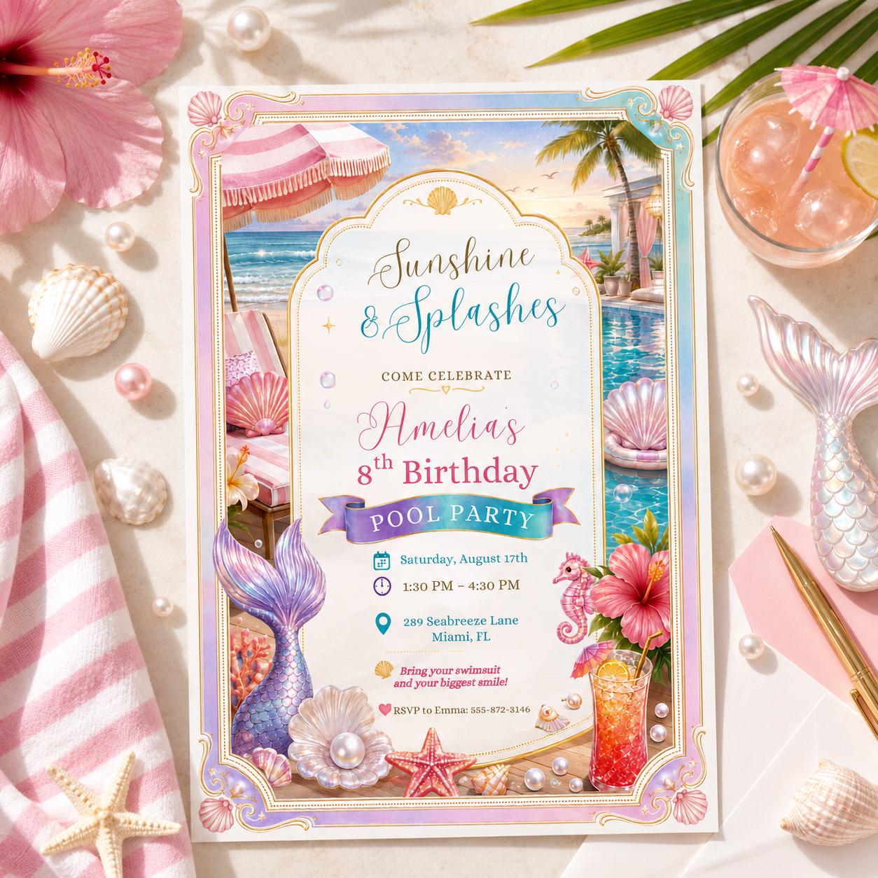 Editable Mermaid Birthday Invitation Canva Template, Girls Kids Pool Cute Modern Fun DIY Chic Teen Party Invite, Printable Digital Download.