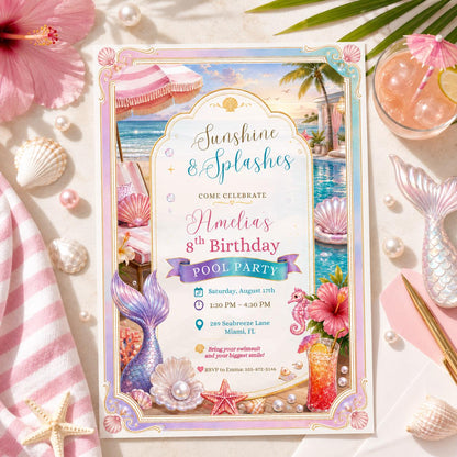 Editable Mermaid Birthday Invitation Canva Template, Girls Kids Pool Cute Modern Fun DIY Chic Teen Party Invite, Printable Digital Download.
