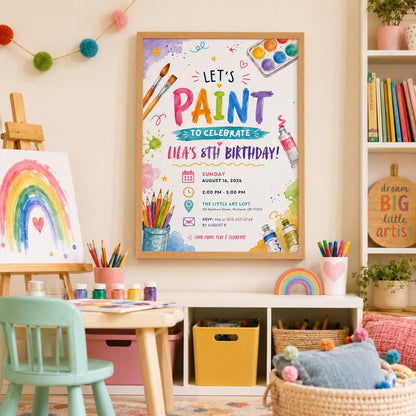 Editable Art Paint Birthday Invitation Canva Template, Pastel Girls Cute Modern Fun DIY Sweet Chic Party Invite, Printable Digital Download.