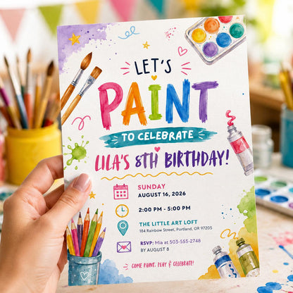 Editable Art Paint Birthday Invitation Canva Template, Pastel Girls Cute Modern Fun DIY Sweet Chic Party Invite, Printable Digital Download.
