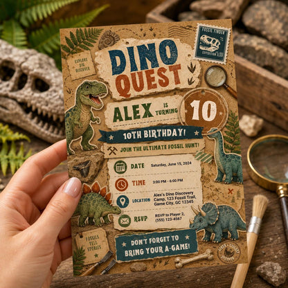 Editable Dinosaur Birthday Invitation Canva Template, Boys Kids Dino Cute Modern Fun DIY Chic Teen Party Invite, Printable Digital Download.