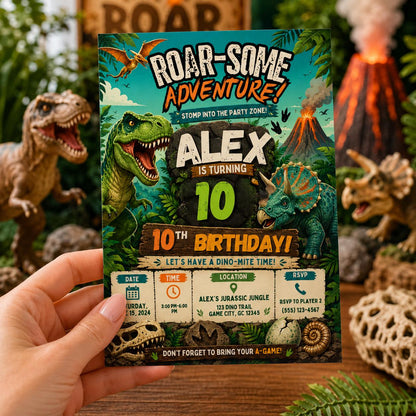 Editable Dinosaur Birthday Invitation Canva Template, Boys Kids Dino Cute Modern Fun DIY Chic Teen Party Invite, Printable Digital Download.
