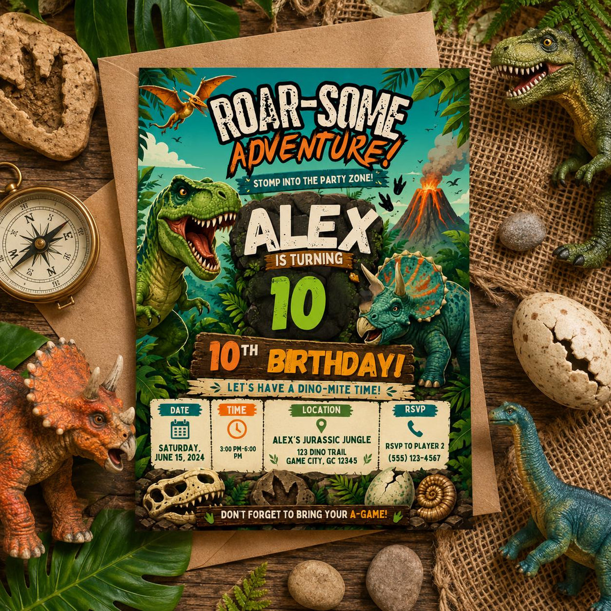 Editable Dinosaur Birthday Invitation Canva Template, Boys Kids Dino Cute Modern Fun DIY Chic Teen Party Invite, Printable Digital Download.