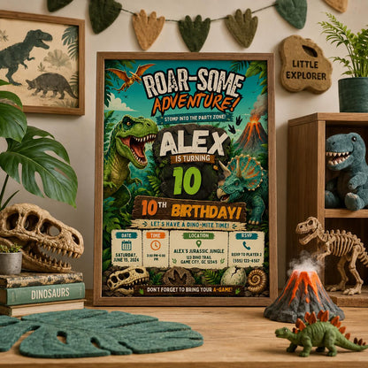 Editable Dinosaur Birthday Invitation Canva Template, Boys Kids Dino Cute Modern Fun DIY Chic Teen Party Invite, Printable Digital Download.