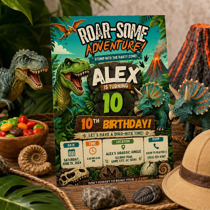 Editable Dinosaur Birthday Invitation Canva Template, Boys Kids Dino Cute Modern Fun DIY Chic Teen Party Invite, Printable Digital Download.
