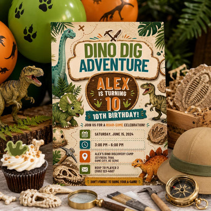 Editable Dinosaur Birthday Invitation Canva Template, Boys Kids Dino Cute Modern Fun DIY Chic Teen Party Invite, Printable Digital Download.