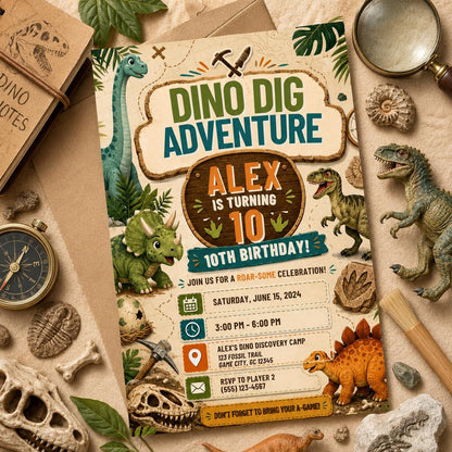 Editable Dinosaur Birthday Invitation Canva Template, Boys Kids Dino Cute Modern Fun DIY Chic Teen Party Invite, Printable Digital Download.