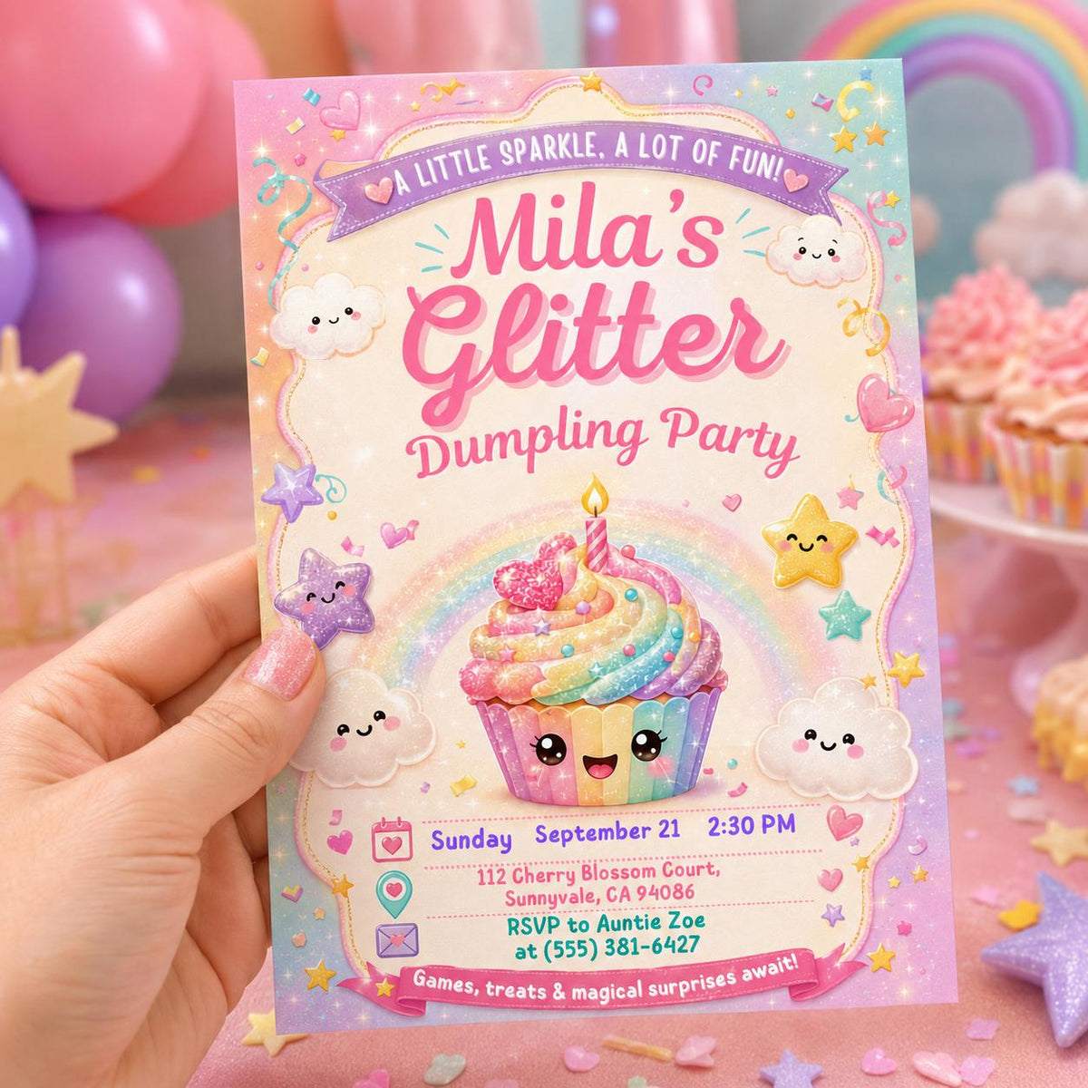 Editable Glitter Dumpling Birthday Invitation Canva Template, Trendy Girls Kids Cute Fun DIY Sweet Party Invite, Printable Digital Download.