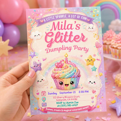 Editable Glitter Dumpling Birthday Invitation Canva Template, Trendy Girls Kids Cute Fun DIY Sweet Party Invite, Printable Digital Download.