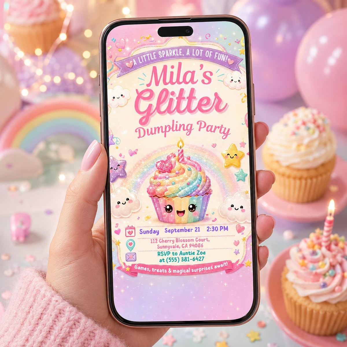 Editable Glitter Dumpling Birthday Invitation Canva Template, Trendy Girls Kids Cute Fun DIY Sweet Party Invite, Printable Digital Download.