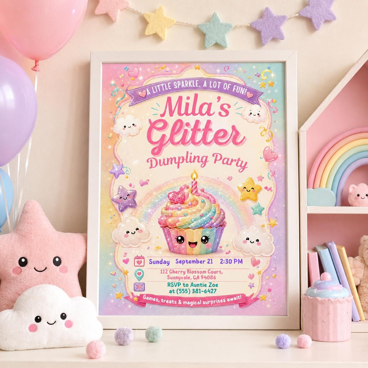 Editable Glitter Dumpling Birthday Invitation Canva Template, Trendy Girls Kids Cute Fun DIY Sweet Party Invite, Printable Digital Download.