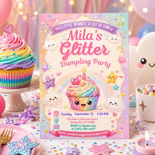 Editable Glitter Dumpling Birthday Invitation Canva Template, Trendy Girls Kids Cute Fun DIY Sweet Party Invite, Printable Digital Download.