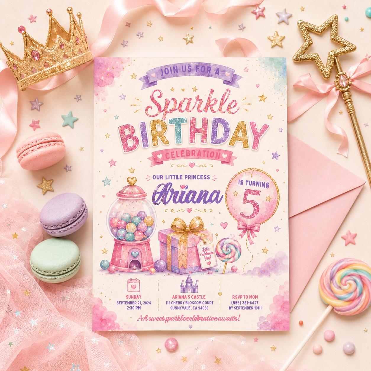Editable Glitter Dumpling Birthday Invitation Canva Template, Trendy Girls Kids Cute Fun DIY Sweet Party Invite, Printable Digital Download.