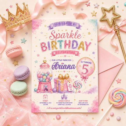 Editable Glitter Dumpling Birthday Invitation Canva Template, Trendy Girls Kids Cute Fun DIY Sweet Party Invite, Printable Digital Download.