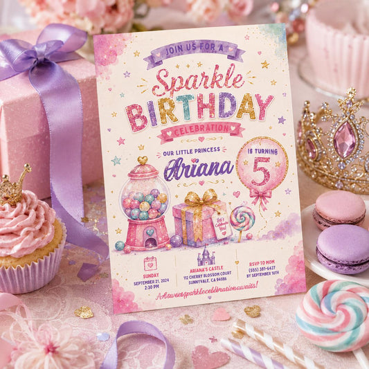 Editable Glitter Dumpling Birthday Invitation Canva Template, Trendy Girls Kids Cute Fun DIY Sweet Party Invite, Printable Digital Download.