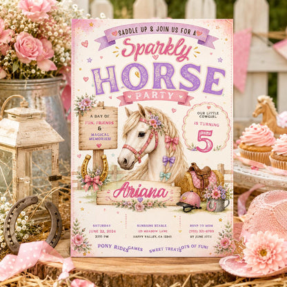 Editable Horse Riding Birthday Invitation Canva Template, Boho Floral Girls Kids Cute Fun DIY Chic Party Invite, Printable Digital Download.