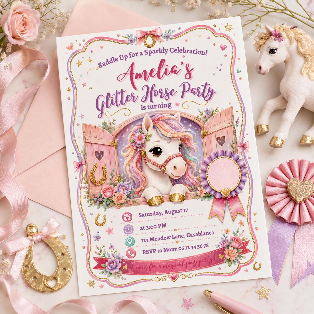 Editable Horse Riding Birthday Invitation Canva Template, Boho Floral Girls Kids Cute Fun DIY Chic Party Invite, Printable Digital Download.