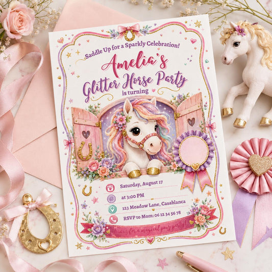 Editable Horse Riding Birthday Invitation Canva Template, Boho Floral Girls Kids Cute Fun DIY Chic Party Invite, Printable Digital Download.