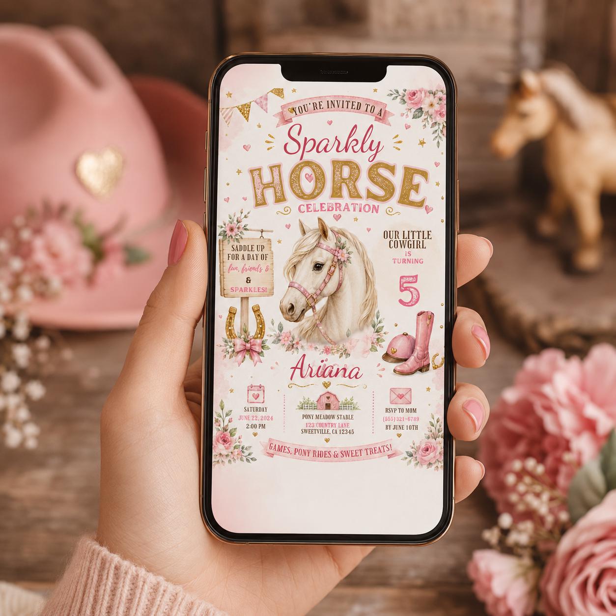 Editable Horse Riding Birthday Invitation Canva Template, Boho Floral Girls Kids Cute Fun DIY Chic Party Invite, Printable Digital Download.