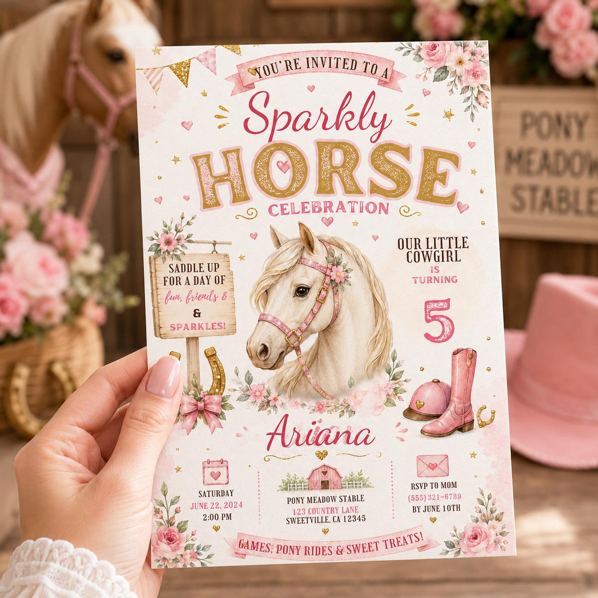 Editable Horse Riding Birthday Invitation Canva Template, Boho Floral Girls Kids Cute Fun DIY Chic Party Invite, Printable Digital Download.
