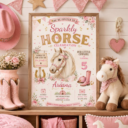 Editable Horse Riding Birthday Invitation Canva Template, Boho Floral Girls Kids Cute Fun DIY Chic Party Invite, Printable Digital Download.