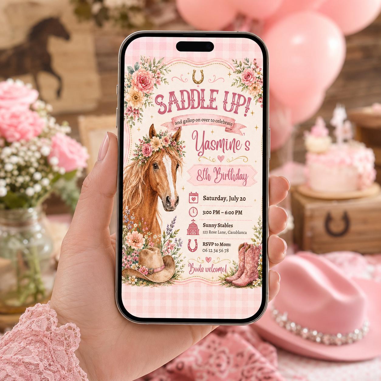 Editable Horse Riding Birthday Invitation Canva Template, Boho Floral Girls Kids Cute Fun DIY Chic Party Invite, Printable Digital Download.