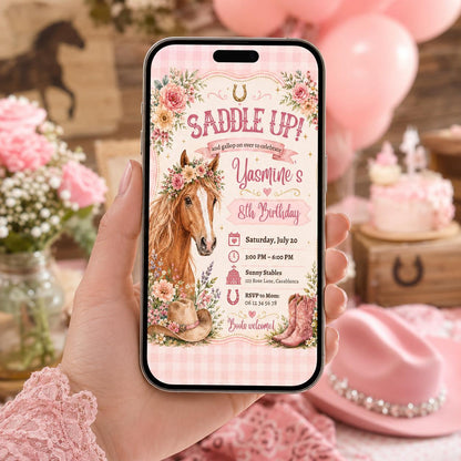 Editable Horse Riding Birthday Invitation Canva Template, Boho Floral Girls Kids Cute Fun DIY Chic Party Invite, Printable Digital Download.