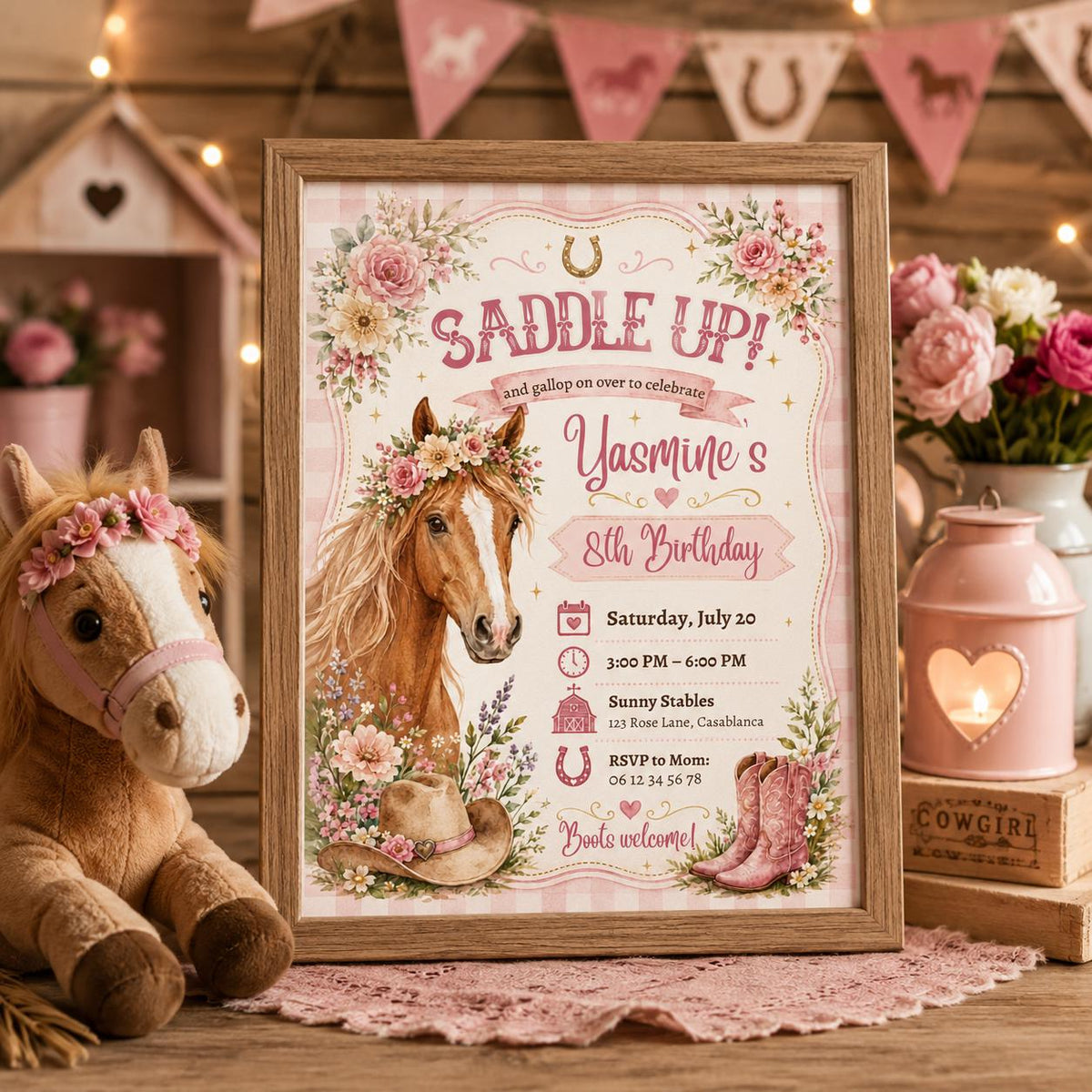 Editable Horse Riding Birthday Invitation Canva Template, Boho Floral Girls Kids Cute Fun DIY Chic Party Invite, Printable Digital Download.