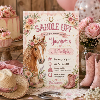 Editable Horse Riding Birthday Invitation Canva Template, Boho Floral Girls Kids Cute Fun DIY Chic Party Invite, Printable Digital Download.