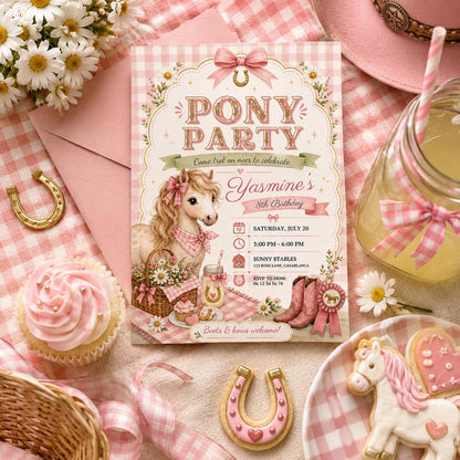 Editable Horse Riding Birthday Invitation Canva Template, Boho Floral Girls Kids Cute Fun DIY Chic Party Invite, Printable Digital Download.