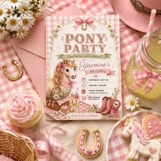 Editable Horse Riding Birthday Invitation Canva Template, Boho Floral Girls Kids Cute Fun DIY Chic Party Invite, Printable Digital Download.