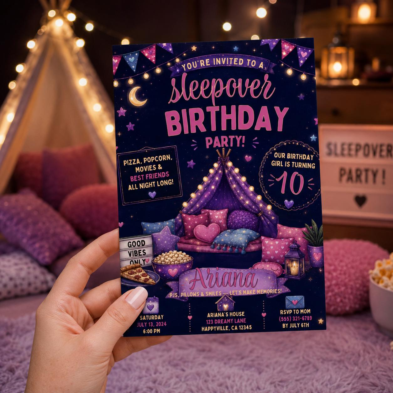 Editable Sleepover Birthday Invitation Canva Template, Girls Kids Teens Cute Modern Fun Themed DIY Party Invite, Printable Digital Download.