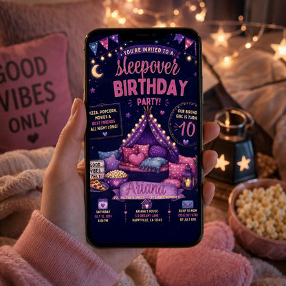 Editable Sleepover Birthday Invitation Canva Template, Girls Kids Teens Cute Modern Fun Themed DIY Party Invite, Printable Digital Download.