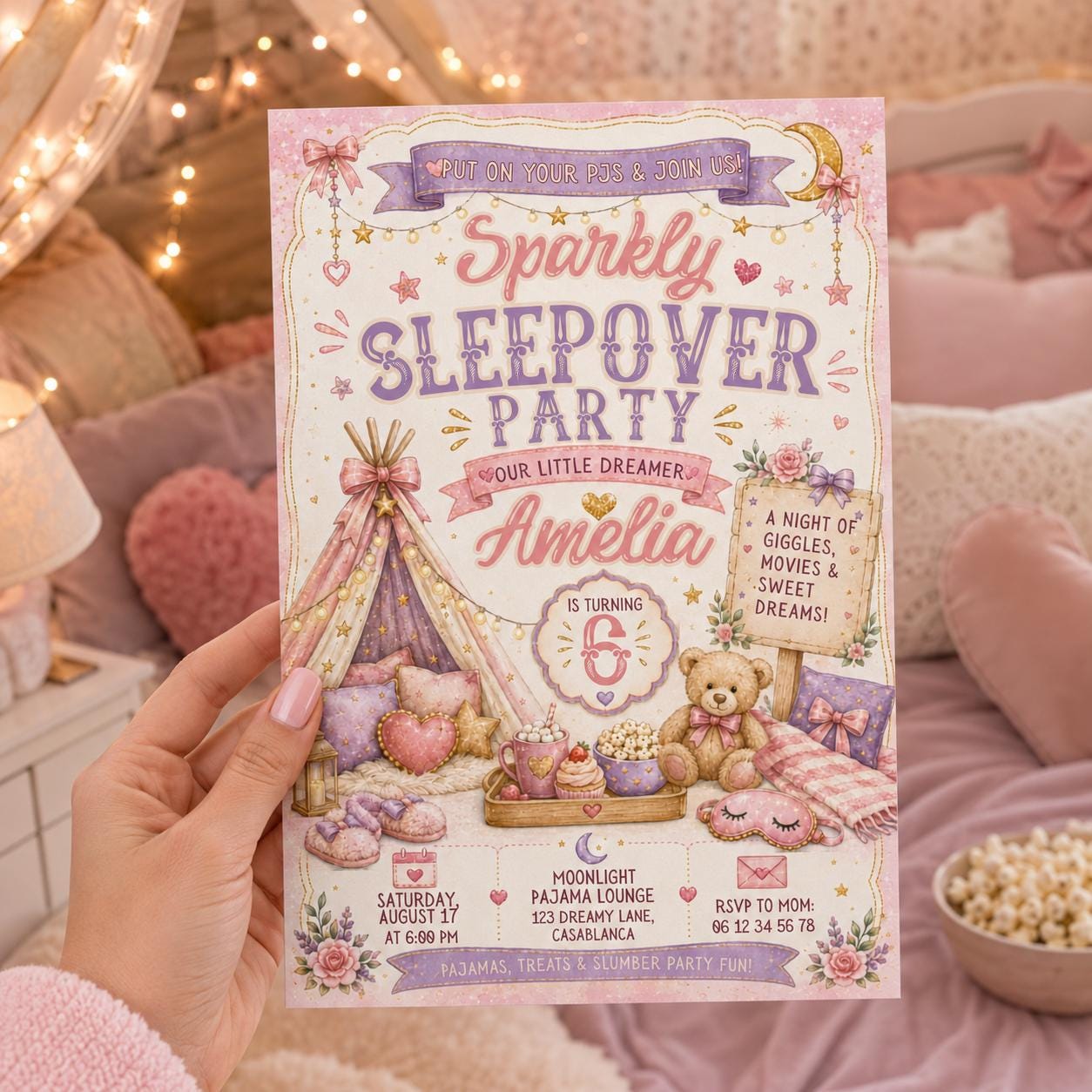 Editable Sleepover Birthday Invitation Canva Template, Girls Slumber Pajama Party Invite for Kids, Tweens, Teens, Printable Digital Download