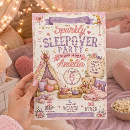 Editable Sleepover Birthday Invitation Canva Template, Girls Slumber Pajama Party Invite for Kids, Tweens, Teens, Printable Digital Download