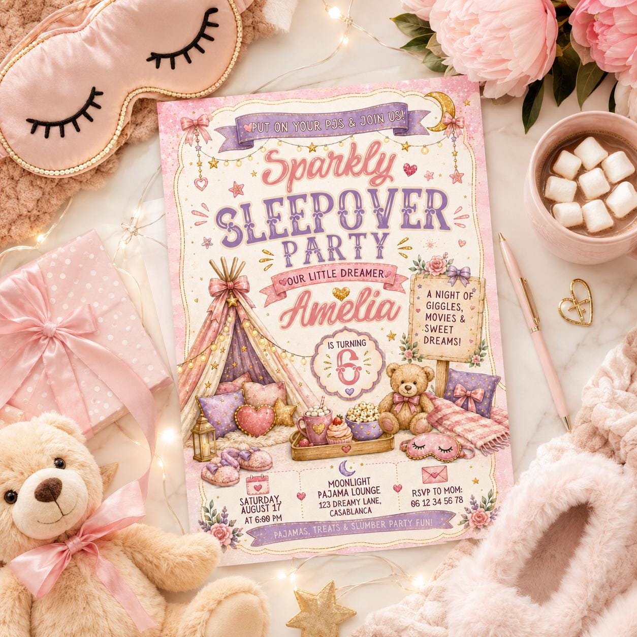 Editable Sleepover Birthday Invitation Canva Template, Girls Slumber Pajama Party Invite for Kids, Tweens, Teens, Printable Digital Download