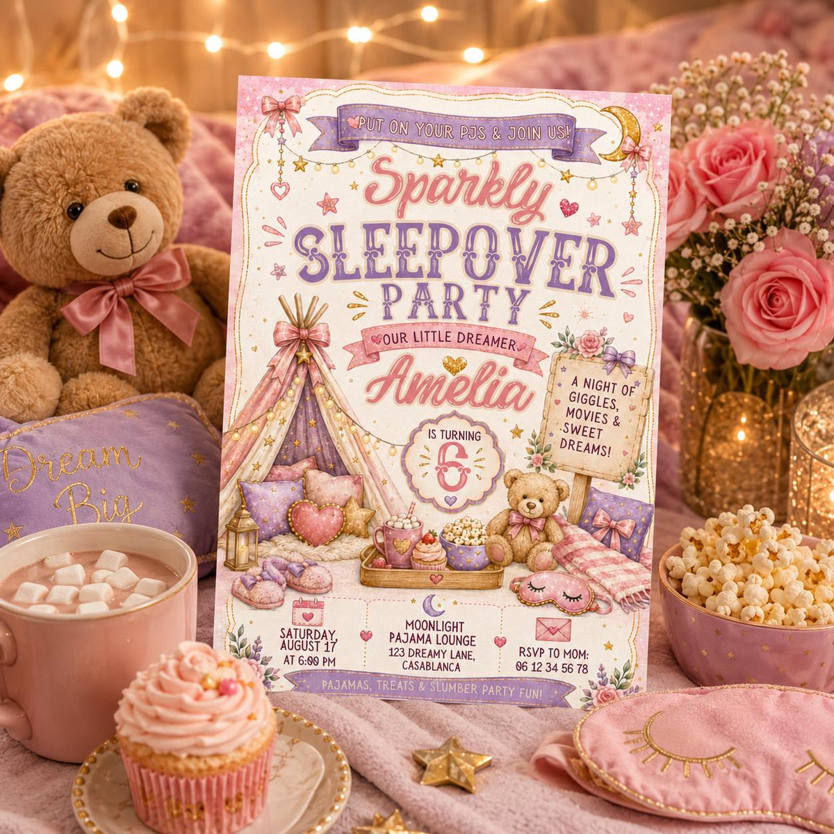 Editable Sleepover Birthday Invitation Canva Template, Girls Slumber Pajama Party Invite for Kids, Tweens, Teens, Printable Digital Download