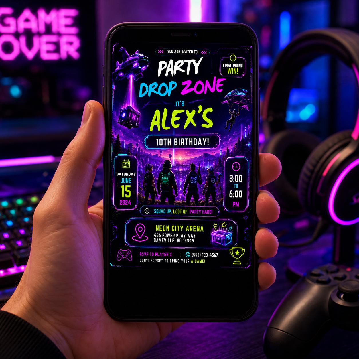 Editable Neon Glow Birthday Invitation Canva Template, Boys Teens Neon Cute Fun DIY Chic Kids Teen Party Invite, Printable Digital Download.